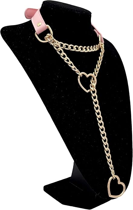 Black Leather Choker Collar For Women, Handmade Heart Slip Chain Choker Long Necklace with Adjustable Buckle