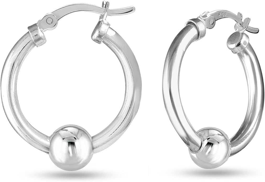 LeCalla 925 Sterling Silver Beaded Ball Hoop Earrings | Lightweight Sleeper Bead Ball Earring Hoops | Cape Style Hoop Earrings for Women