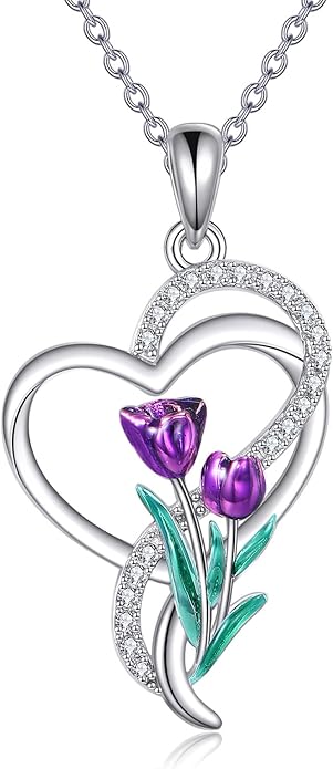 Tulip Sunflower Rose Lily of the Valley Sterling Silver Flower Heart Pendant Necklace Gifts for Women Mother Flower Lover