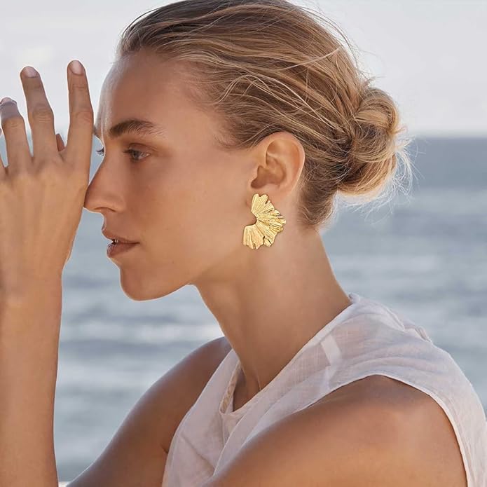 Chunky Gold Statement Earrings For Women Gold Plated Sectored Flower Leaf Shell Angel Wing Earrings Large Stud Earrings Hypoallergenic Earrings
