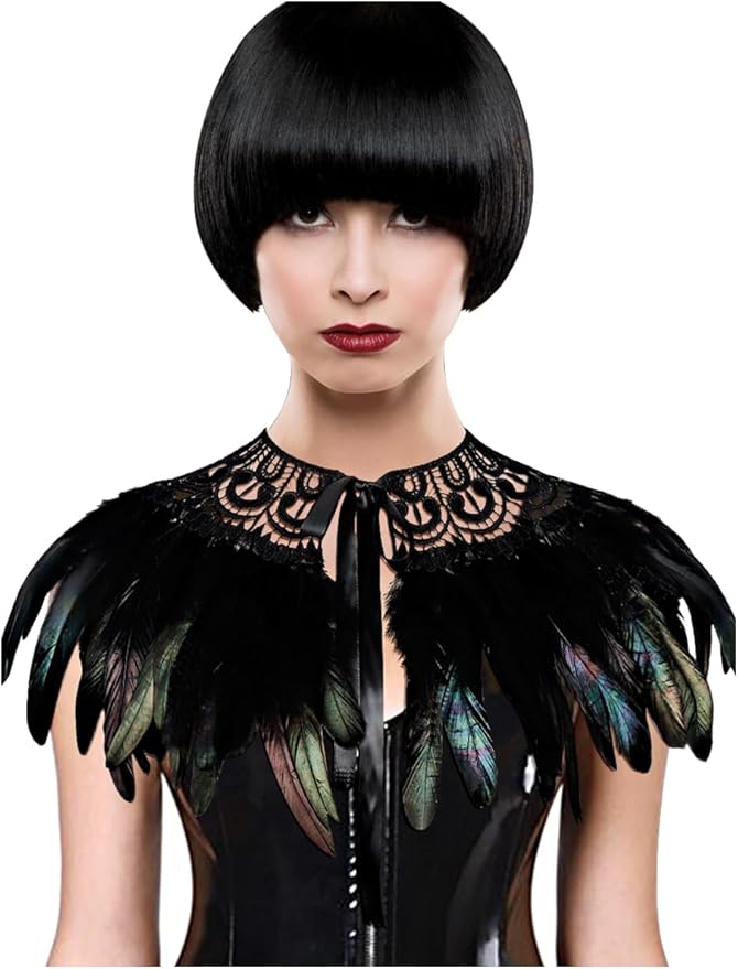 L'VOW Real Black Feather Harness Lace Collar Necklace Bib Halloween
