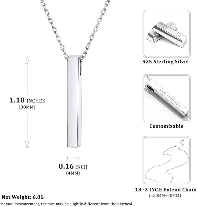ChicSilver Customizable Vertical Bar Pendant Necklace 925 Sterling Silver Y Necklace Simple Fashion Jewelry Gifts for Women