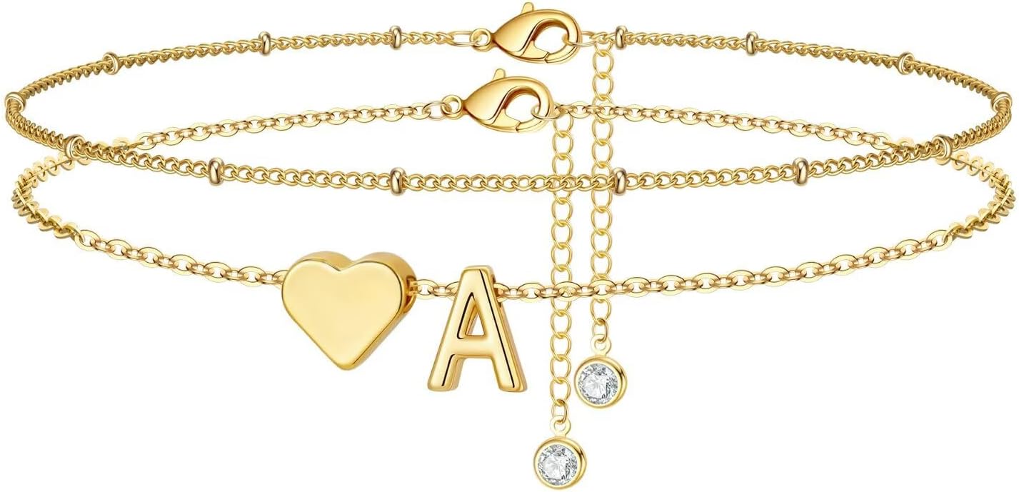 M MOOHAM Gold Initial Ankle Bracelets for Women - Layered Heart Letter A-Z Initial Dainty Gold Anklets for Women Waterproof, Womens Anklets Jewelry Birthday Gifts Jewelry