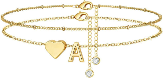 M MOOHAM Gold Initial Ankle Bracelets for Women - Layered Heart Letter A-Z Initial Dainty Gold Anklets for Women Waterproof, Womens Anklets Jewelry Birthday Gifts Jewelry