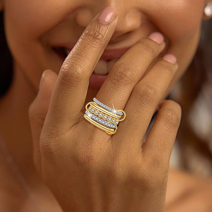 BROCC Stackable Rings for Women 18K Gold Plated Non Tarnish Cubic Zirconia Two-Toned Connected Bands Silver Gold Multi Ring Mixed Metals Stacking Rings Set