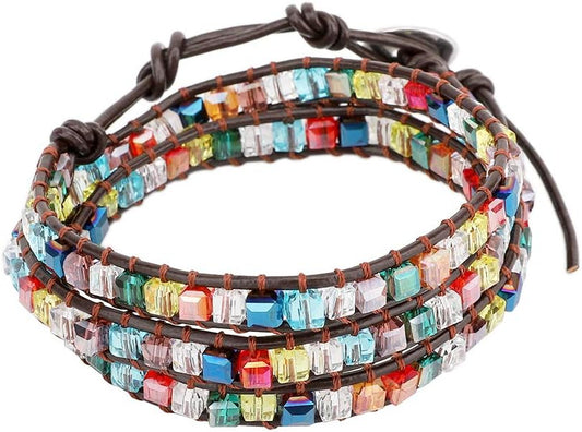 Emibele Layered Leather Bracelet, Rivet Leopard Print Bohemian Style Multilayer Wrap Bracelet, Handmade Agate Amethyst Chakra Crystal Glass Beaded Shell Bracelet for Women