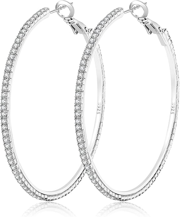 925 Sterling Silver Earrings Large Rhinestone Hoop Earrings Big Cubic Zirconia Hoop Earrings Thin Rhinestones Round Hoop Earrings for Women 20/30/40/50/60/70mm Sparkly Hoops With Crystals for Womens
