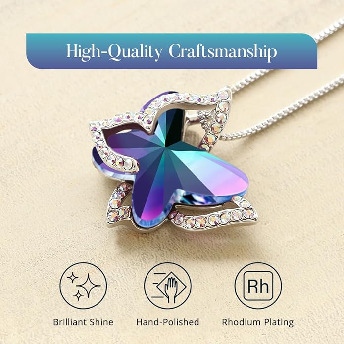 Gift Butterfly Birthstone Crystal Necklace, Silver Tone with 18”+2” Chain, Necklace for Mother’s Day Anniversary Birthday Gifts for Women and Daughter