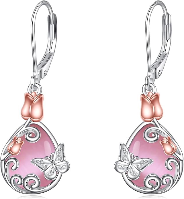 AOBOCO Butterfly/Dragonfly/Bee/Ladybug Leverback Earrings 925 Sterling Silver Rose Lotus Tulip Flower Filigree Dangle Earrings Teardrop Moonstone Larimar Turquoise Abalone Shell Jewelry Birthday Gifts for Women