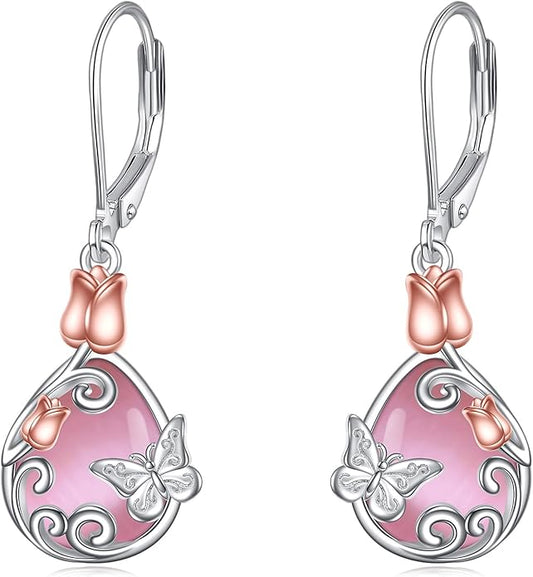 AOBOCO Butterfly/Dragonfly/Bee/Ladybug Leverback Earrings 925 Sterling Silver Rose Lotus Tulip Flower Filigree Dangle Earrings Teardrop Moonstone Larimar Turquoise Abalone Shell Jewelry Birthday Gifts for Women