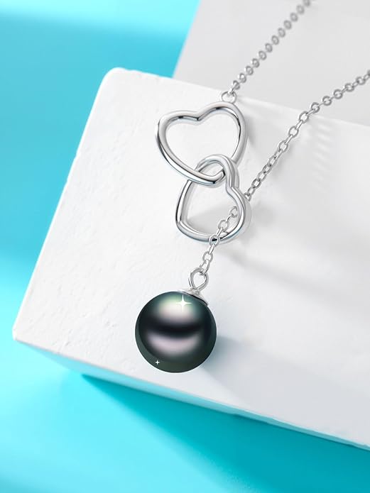 Tahitian Black Pearl AAAA 18K White Gold Plated Sterling Silver Double Heart Pendant Y Necklace for Women Wife Mom Girlfriend Valentine Her Jewelry Gift for Anniversary Birthday