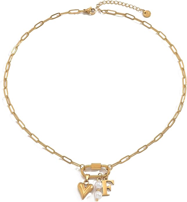 Gold Heart Initial Necklaces for Women 18K Gold Plated Dainty Pearl Letter Necklace Personalized Monogram Name A-Z Pendant Everyday Jewelry for Women