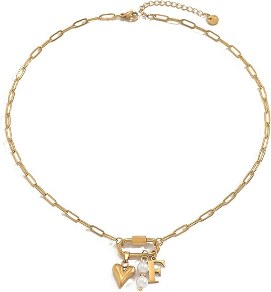 Gold Heart Initial Necklaces for Women 18K Gold Plated Dainty Pearl Letter Necklace Personalized Monogram Name A-Z Pendant Everyday Jewelry for Women