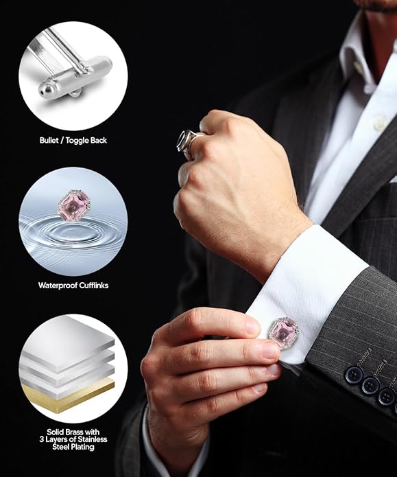Rectangular Colored Diamond-Flanked Crystal Cuff Links – Tuxedo Suit Accessories, Cufflinks for Men