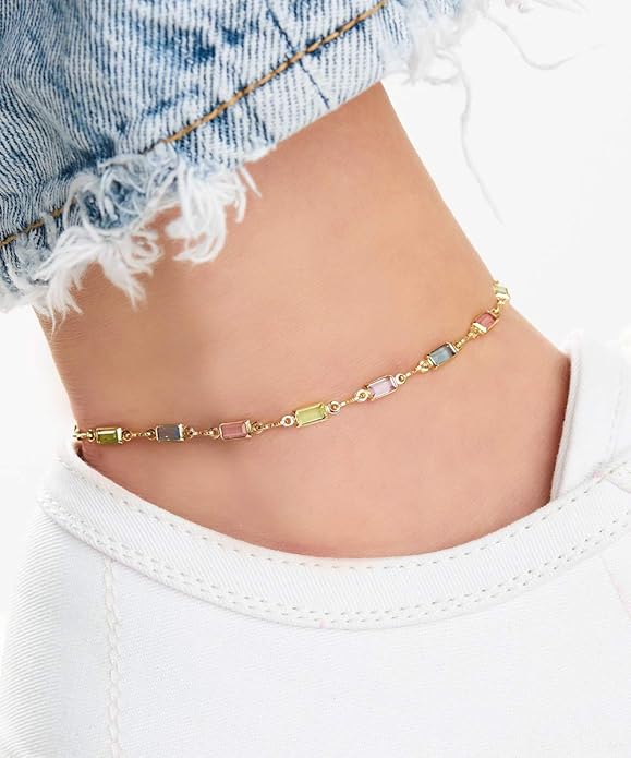 Barzel 18K Gold Plated Gold and Multi Color Crystal Baguette Anklet