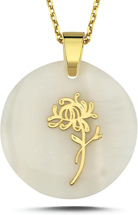 ONTHOLOGIE Birth Month Flower Necklace on Natural Mother of Pearl, 925K Sterling Silver Pendant Birth Flower Necklace, Personalized Birth Month Jewelry, Meaningful Gift for Women