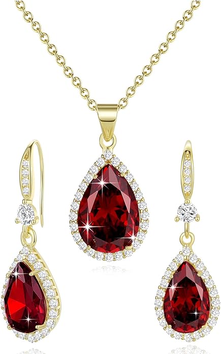 Sumonyo Women Jewelry Set Silver/Gold Plated Teardrop Pendant Necklace Dangle Drop Earrings Dangling Sets Birthstone Crystals Rhinestone,Birthday Anniversary Wedding Mother’s Day Gifts for Women