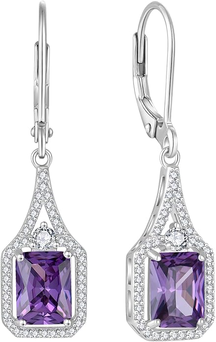 Emerald Cut Dangle Drop Earrings 925 Sterling Silver Halo Rectangular Leverback Earrings Birthstone Jewelry for Women