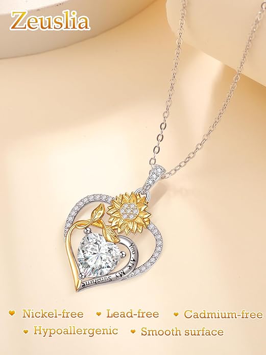 Zeuslia Double Birthstone Necklace Gifts for Wife - 925 Sterling Silver Sunflower/Rose/Crown Cross/Compass/Heart Pendant I Love You Necklace, Anniversary Birthday Gifts for Wife Girlfriend Mom Her
