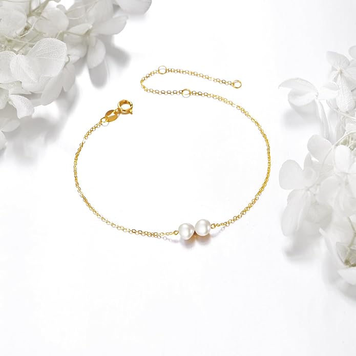 KECHO 14K Real Gold Freshwater Cultured Pearl Bracelet 14K Solid Gold Jewelry Anniversary Birthday Gift for Women