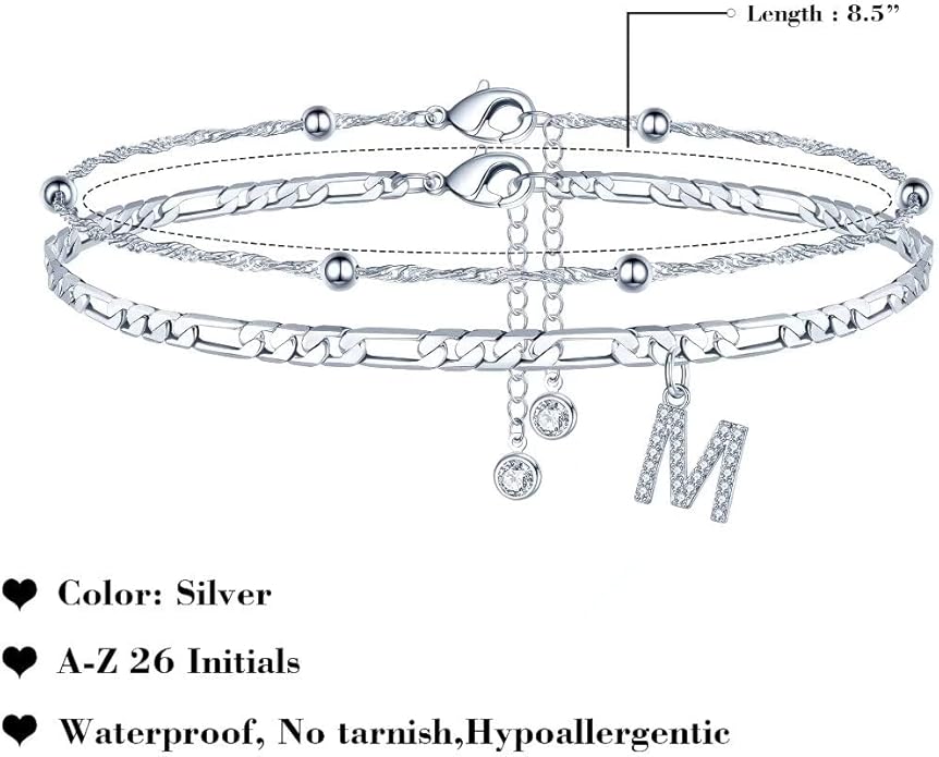 Ursteel Ankle Bracelets for Women, 14K Gold Plated Dainty Layered Chain CZ Initial Anklets Summer Jewelry Gifts for Women
