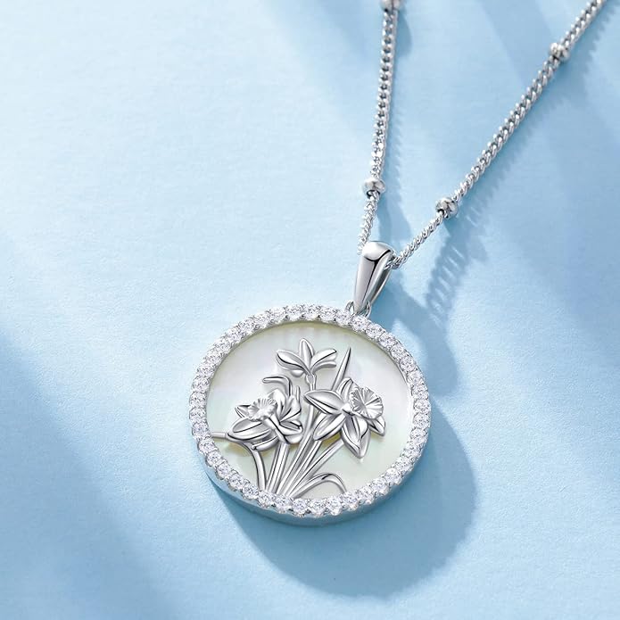 AGVANA Valentines Day Gifts Sterling Silver Birth Flower Necklace for Women Genuine Mother of Pearl CZ Round Disc Pendant Necklace Fine Jewelry Anniversary Birthday Gifts for Women Wife Mom Her