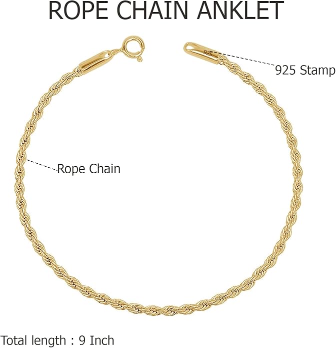 LeCalla 925 Sterling Silver Anklets for Women | Italian 1.8MM Diamond-Cut Braided Rope Chain Ankle Bracelet | Women's Ankle Bracelets Jewelry Gift for Wife, Mom – Birthday, Anniversary & Valentine’s Day
