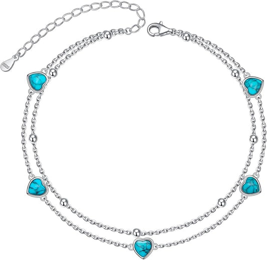FLYOW Anklet for Women S925 Sterling Silver Adjustable Foot Beaded Heart Charm Ankle Bracelet Anklets Jewelry