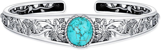 Genuine Turquoise Vintage Sunflower Bracelet Bangle, Sterling Silver Boho Adjustable Bangle Cuff Native American Jewelry for Women, Fit for 6.5 7 7.5 Inches