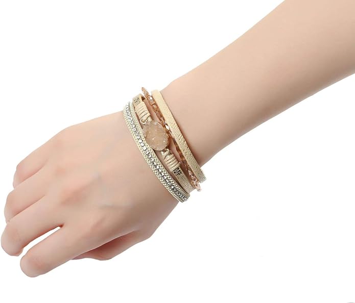 Fesciory Leopard Bracelet for Women, Boho Leather Wrap Multi-Layer Pearl Crystal Bracelet Bangle Jewelry