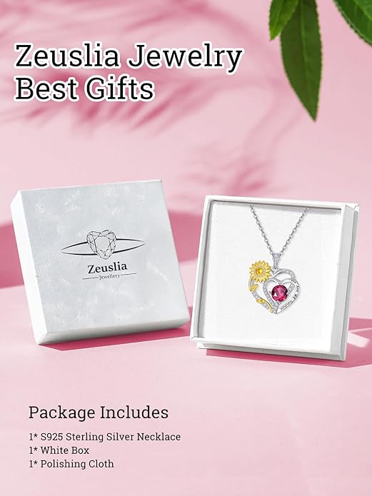Zeuslia Double Birthstone Necklace Gifts for Wife - 925 Sterling Silver Sunflower/Rose/Crown Cross/Compass/Heart Pendant I Love You Necklace, Anniversary Birthday Gifts for Wife Girlfriend Mom Her