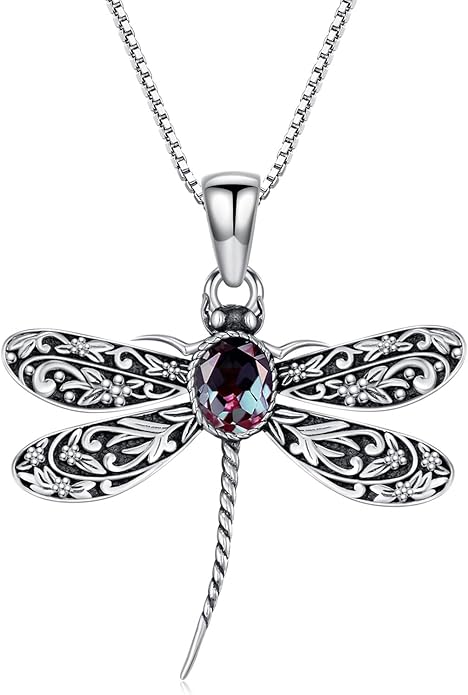 Vintage Dragonfly Necklace for Women 925 Sterling Silver, Oval Birthstone Dragonfly Pendant Boho Jewelry Birthday Gift for Her, Mom, Grandma