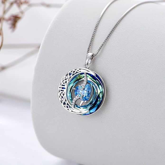 TOUPOP Christmas Gifts Birthstone Necklace 925 Sterling Silver Moon and Star Pendant with Blue Crystal Celtic Moon Jewelry Birthday Gifts for Women Mom Wife Her Daughter