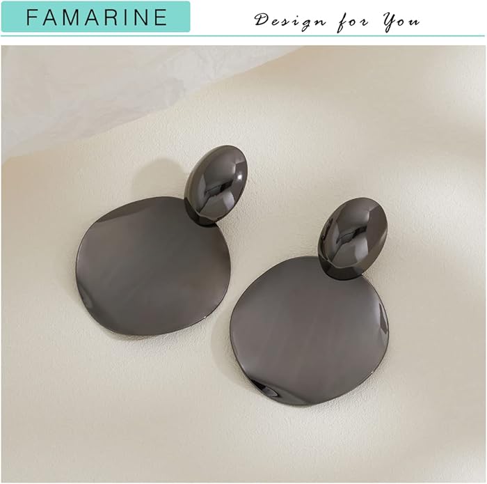 FAMARINE Big Disc Drop Earrings Gold Dangle Earrings Round Hammered Earrings Women