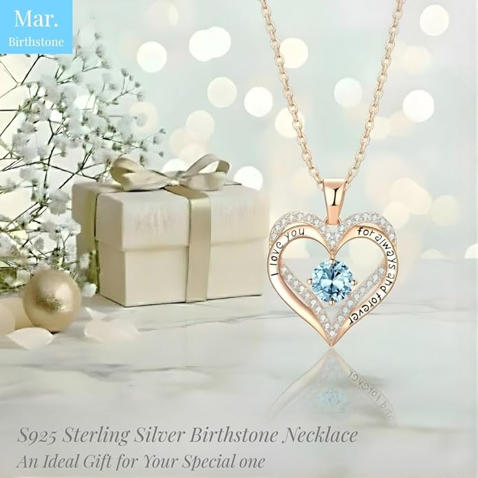 Birthstone Heart Necklace for Women Wife Girlfriend Mom Daughter Gifts S925 Silver Jewelry For Anniversary Rose Gold Gifts For Birthday Christmas Mothers Valentines Day