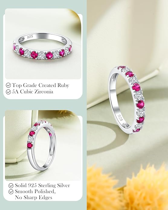 CAIDIKA Created Ruby/Sapphire/Emerald Stackable Rings for Women 14K Gold Plated/ 925 Sterling Silver 2.2mm Wedding Band Ring (with Gift Box)