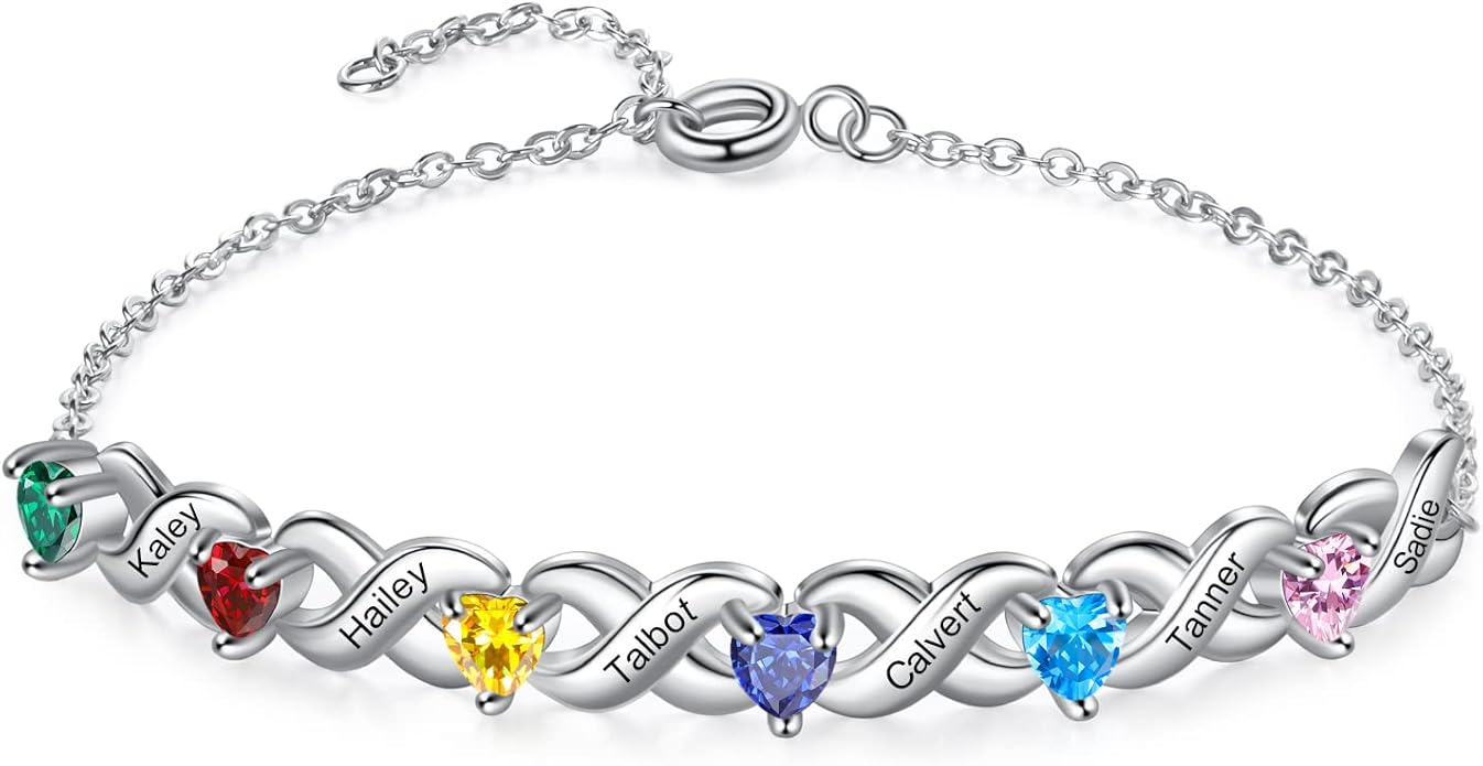 Personalized Custom Name Heart Bracelet with 1-6 Birthstone Bracelets for Women Engraved Family Names Link Bracelets for Mother's Day Mom Daughter