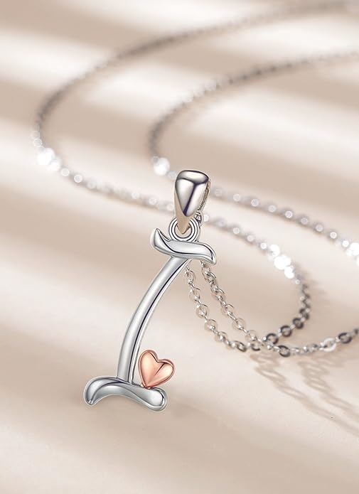 CELESTIA 925 Sterling Silver Initial Necklaces 26 Letter with Rose Gold Heart - 18 Inch Chain