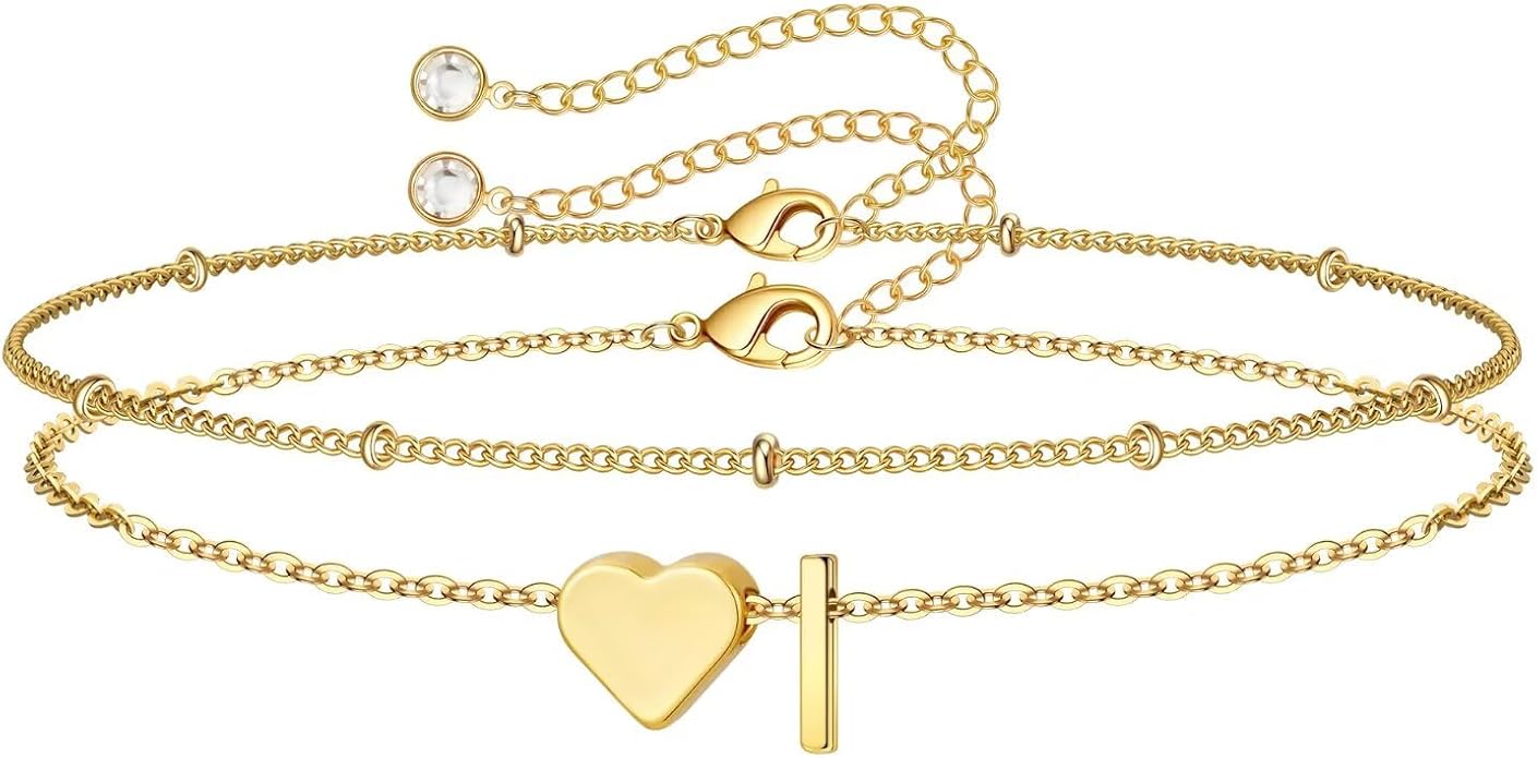 M MOOHAM Christmas Gifts for Grandkids Teens Girls -14K-Gold-Plated Heart Initial Bracelets for Women Girl Dainty Gold Bracelets Birthday Gift Stocking Stuffers for Women Teenage Girls Kids Gifts