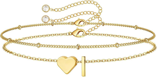 M MOOHAM Christmas Gifts for Grandkids Teens Girls -14K-Gold-Plated Heart Initial Bracelets for Women Girl Dainty Gold Bracelets Birthday Gift Stocking Stuffers for Women Teenage Girls Kids Gifts