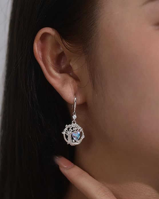 FANCIME Tree of Life Dangle Drop Earrings 925 Sterling Silver Dainty Round Gemstone Birthstone Earring Fine Jewelry Birthday Christmas Gifts for Her Women