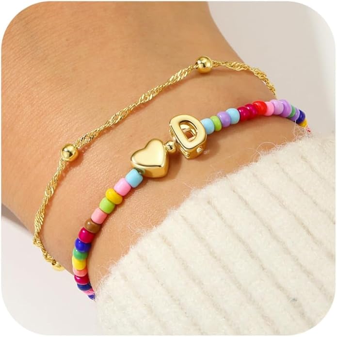 Ursteel Colorful Initial Heart Bracelets for Women - 14K Gold Plated Beaded Letter A-Z Bracelet, Layered Stretch Initial Bracelets, Women Trendy Bohemian Jewelry Birthday Gifts
