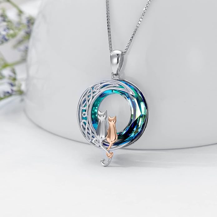 TOUPOP Christmas Cat Gifts for Cats Lovers One Two Three Four Cats Necklace Sterling Silver Cats on the Moon Pendant Necklace with Blue Circle Crystal Birthday Christmas Celtic Jewelry Gifts for Women