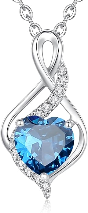 FANCIME 14K Solid White Gold Infinity Heart Birthstone Necklace for Women with Diamond Pendant Birthday Gifts for Mom Women Sterling Silver Chain 16" + 2" Extender