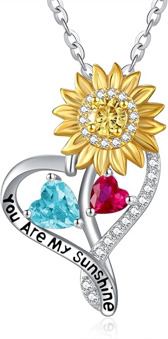 Zeuslia Double Birthstone Necklace Gifts for Wife - 925 Sterling Silver Sunflower/Rose/Crown Cross/Compass/Heart Pendant I Love You Necklace, Anniversary Birthday Gifts for Wife Girlfriend Mom Her