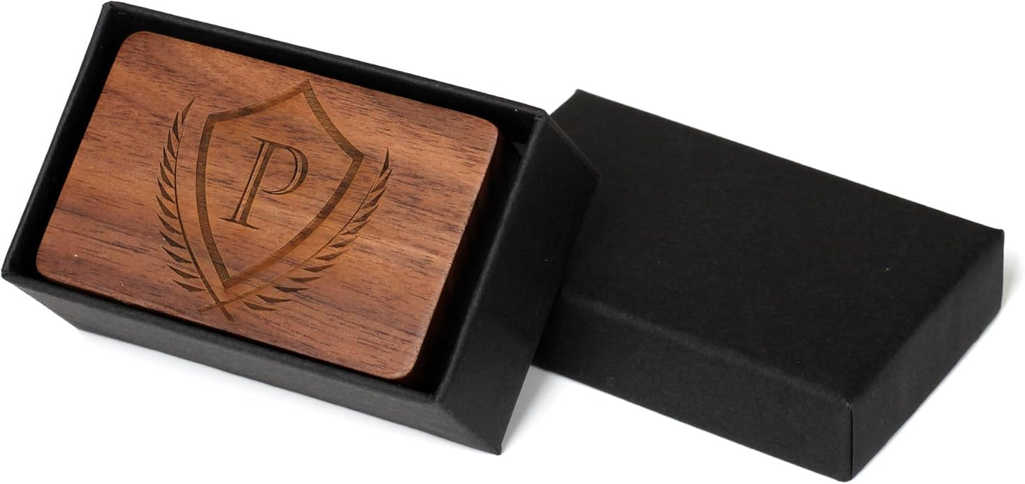 Mens Initial Cufflinks and Tie Clip A-Z Alphabet Letter Black Stainless Cuff Links Tie Bar with Engraved Walnut Wood Box Groom Groomsman Wedding Set