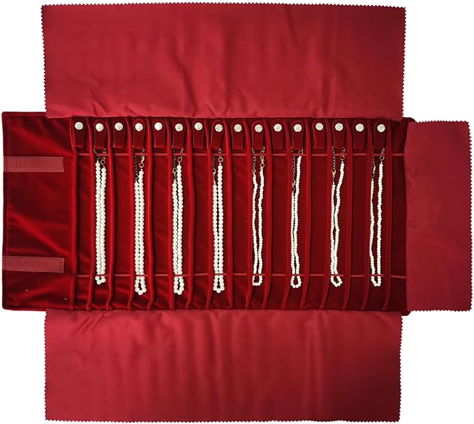 SCIKHEFT Portable Jewelry Roll Untangled Secure Necklace Travel Storage Bag Displays Holder 16 Chain (Burgundy)