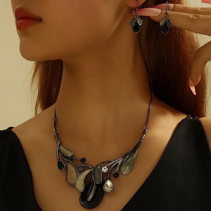 Chunky Statement Jewelry Set Vintage Retro Leaf Flower Floral Geometric Bohemian Boho Bib Necklace Earring Set Fashion Costume Jewelry for Women Girls Wedding Party Prom Unique Gift