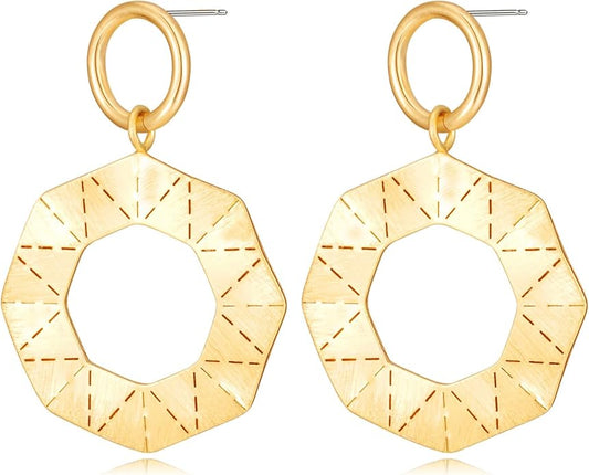 Stud Earrings for Women 14k Gold Plated Geometric Dangle Earrings Lightweight Minimalist Handmade Hammered Texture Oval Disc Drop Double-layer Big Hoop Dangle Earrings for Women
