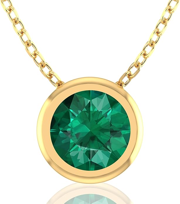 14K Gold Necklace for Women - 7mm Round Natural Gemstone Pendant with 18" Gold Chain - Trendy Birthstone Statement Fine Jewelry - Yellow Gold, Elegant Women's Accessories